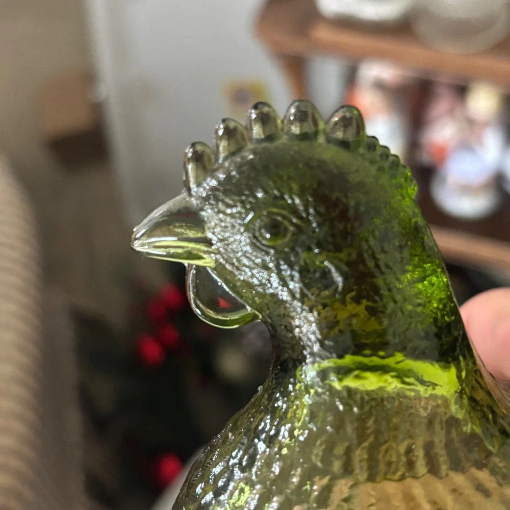 Vintage Olive Green Glass Hen on Nest Covered Dish Beaded Rim Cottage Core Hen
